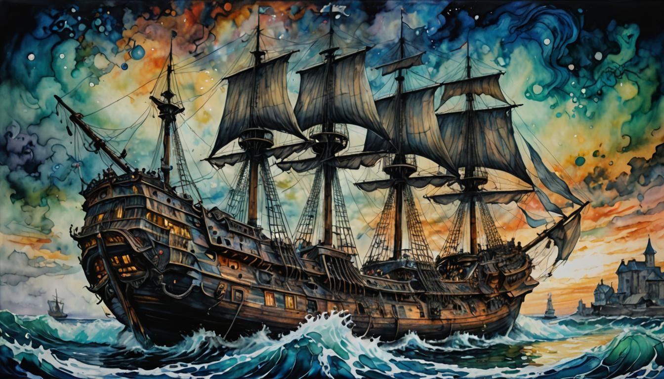 Galleon vs Squid in Alcohol Ink Style