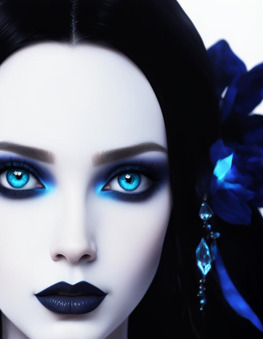 Ethereal gothic beauty with long black hair and crystal blue eyes with blue eyeshadow with blue eyeliner and black lipst...