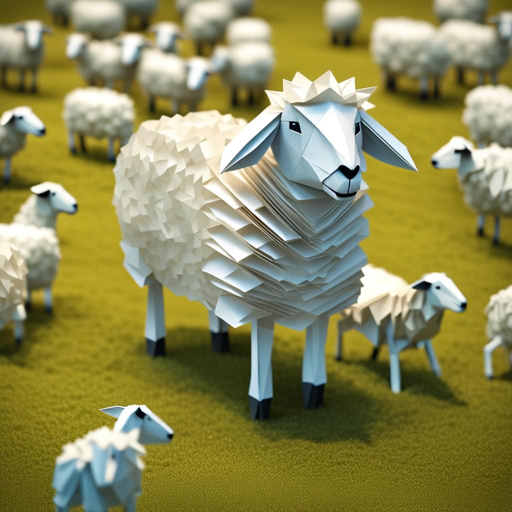 Origami Sheep in Field Papercraft Style