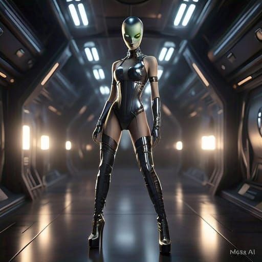 Cyberpunk Female Cyborg in Alien Ship Cockpit