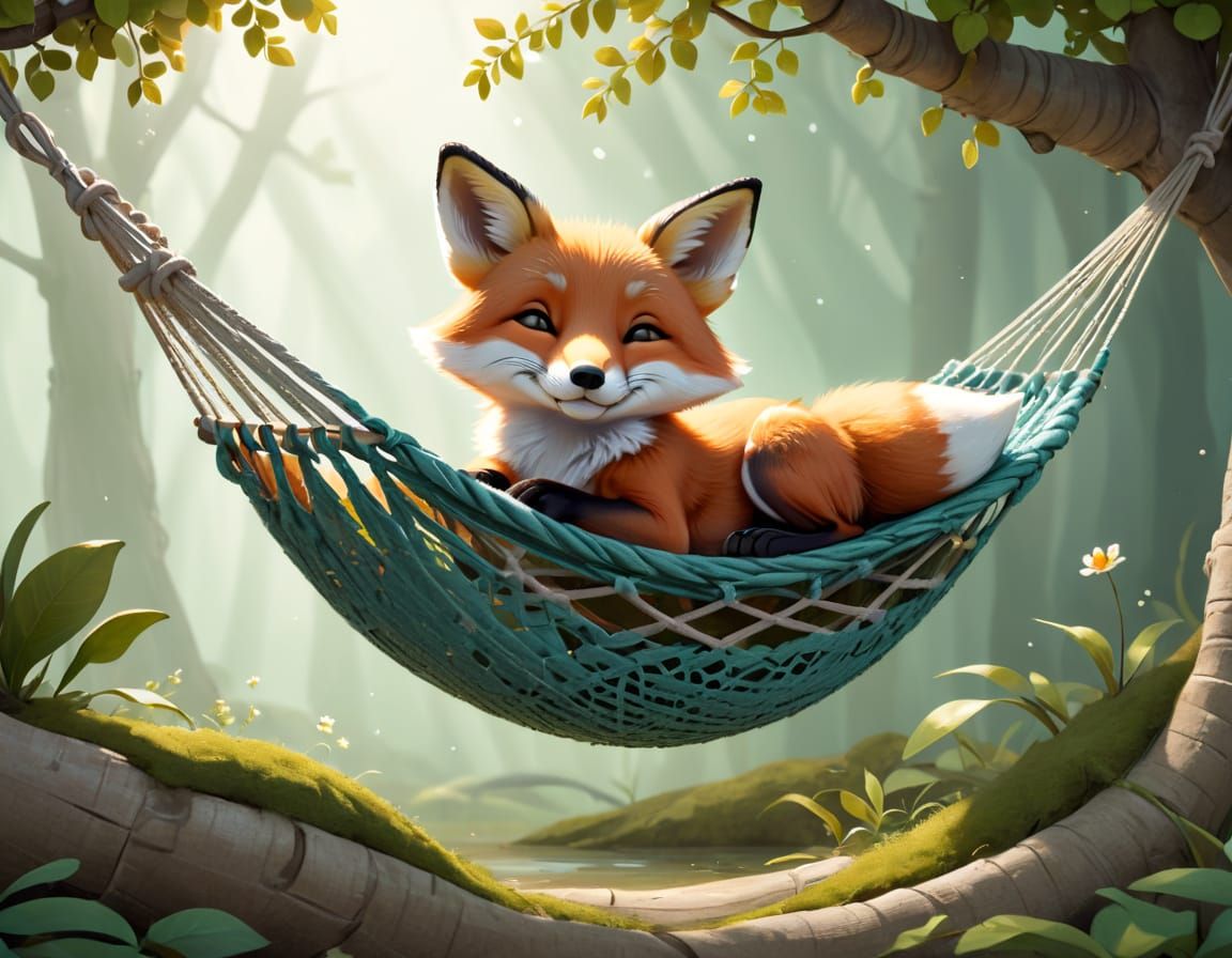 Baby Fox in Hammock Storybook Illustration