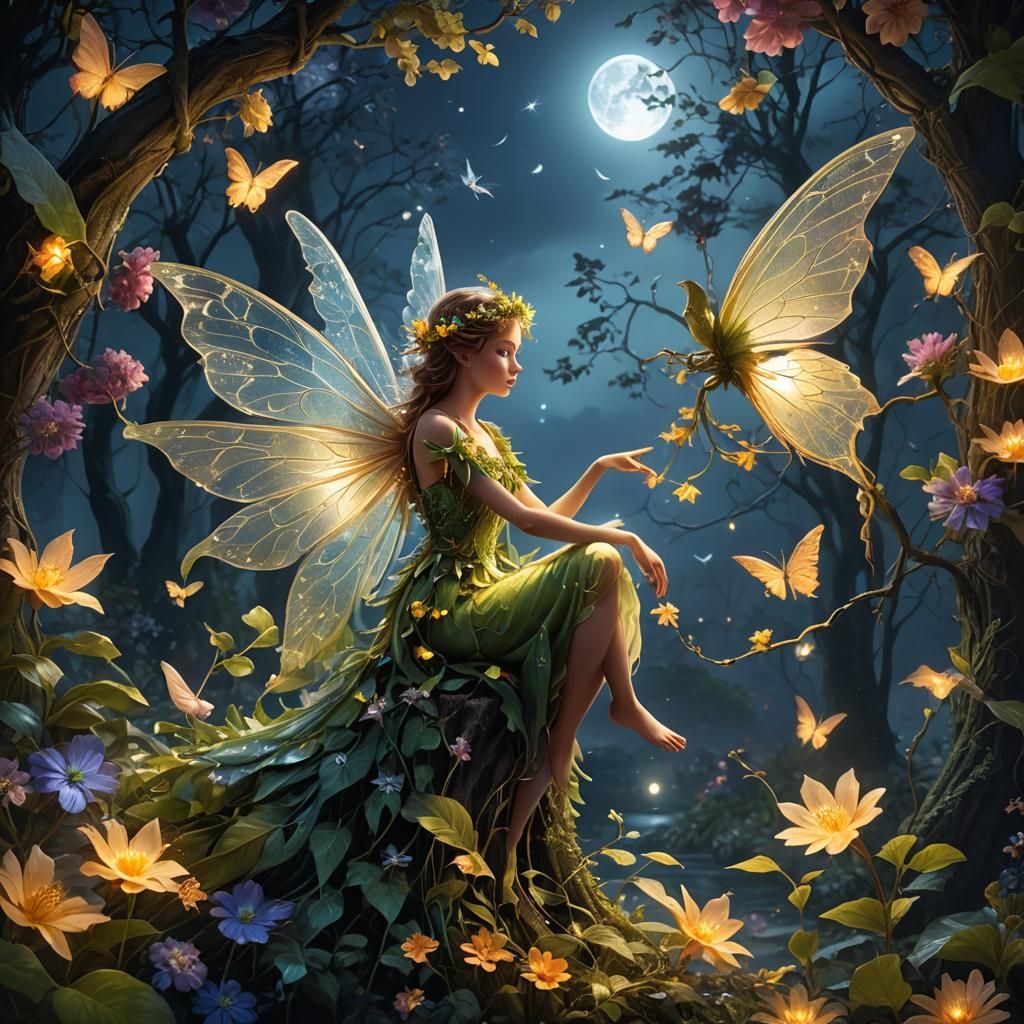 Luminescent Flower Fairy Whispering in Moonlight