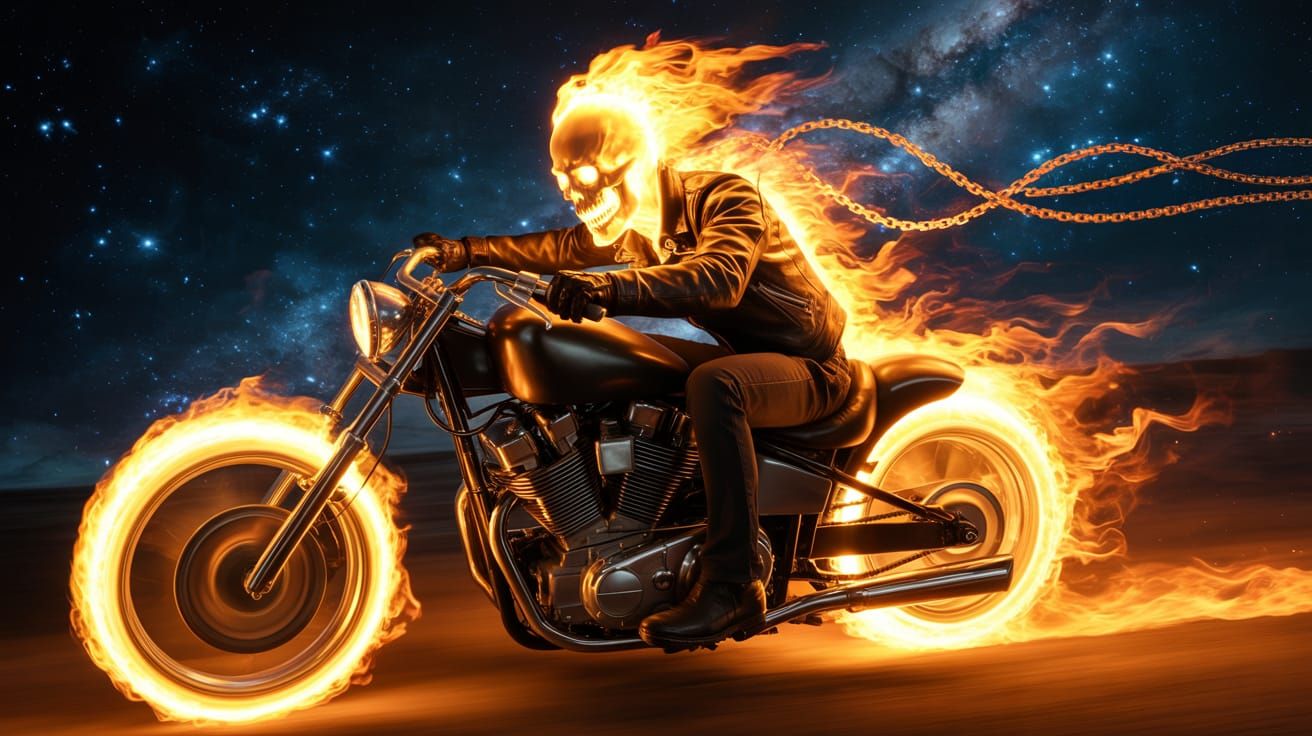 Ghost rider driving his motorcycle flames and chains streaking through the stars