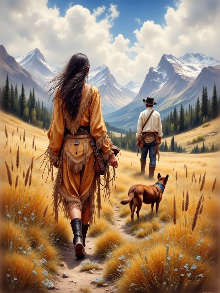 Native American Woman in Meadow, Antique Watercolor Style