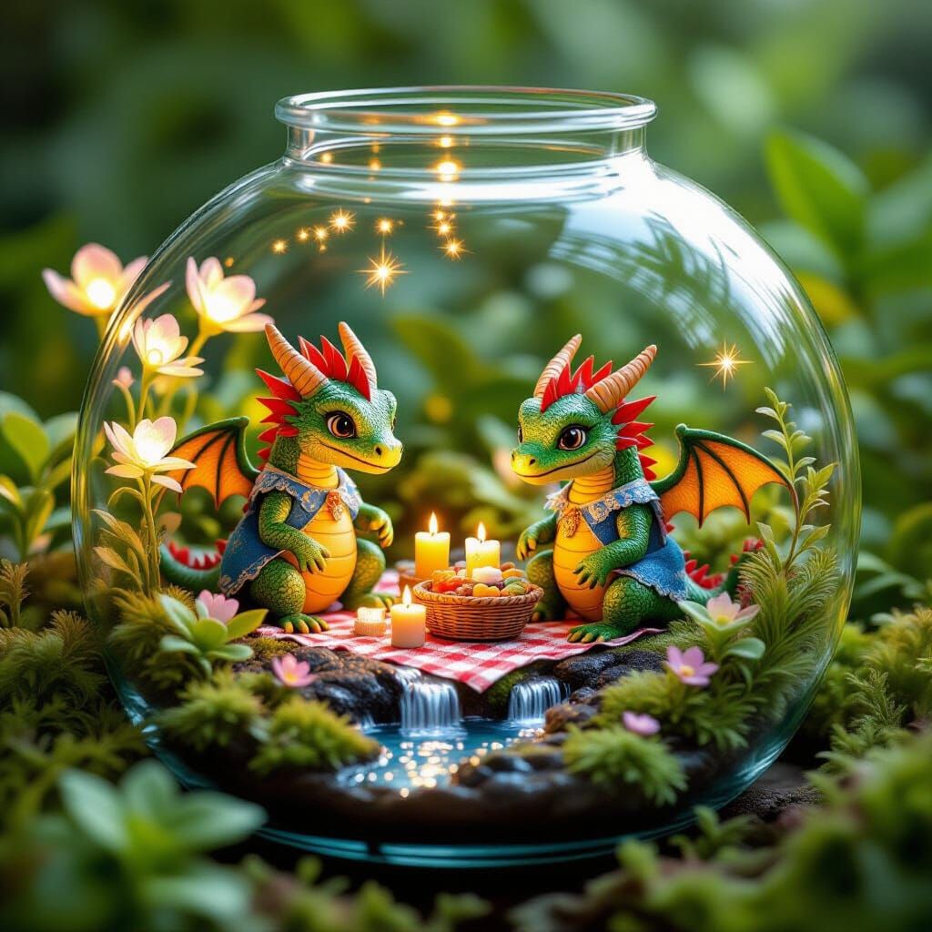 Miniature Dragons' Picnic in Glowing Terrarium