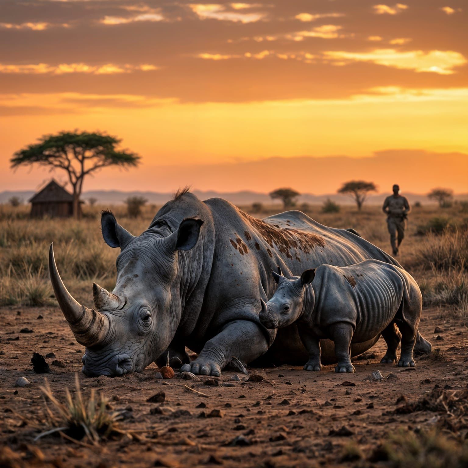 Majestic Rhino Wounded by Poachers on African Savanna