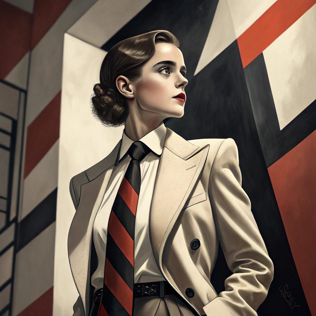 Confident Woman in Suit: Art Deco Digital Portrait