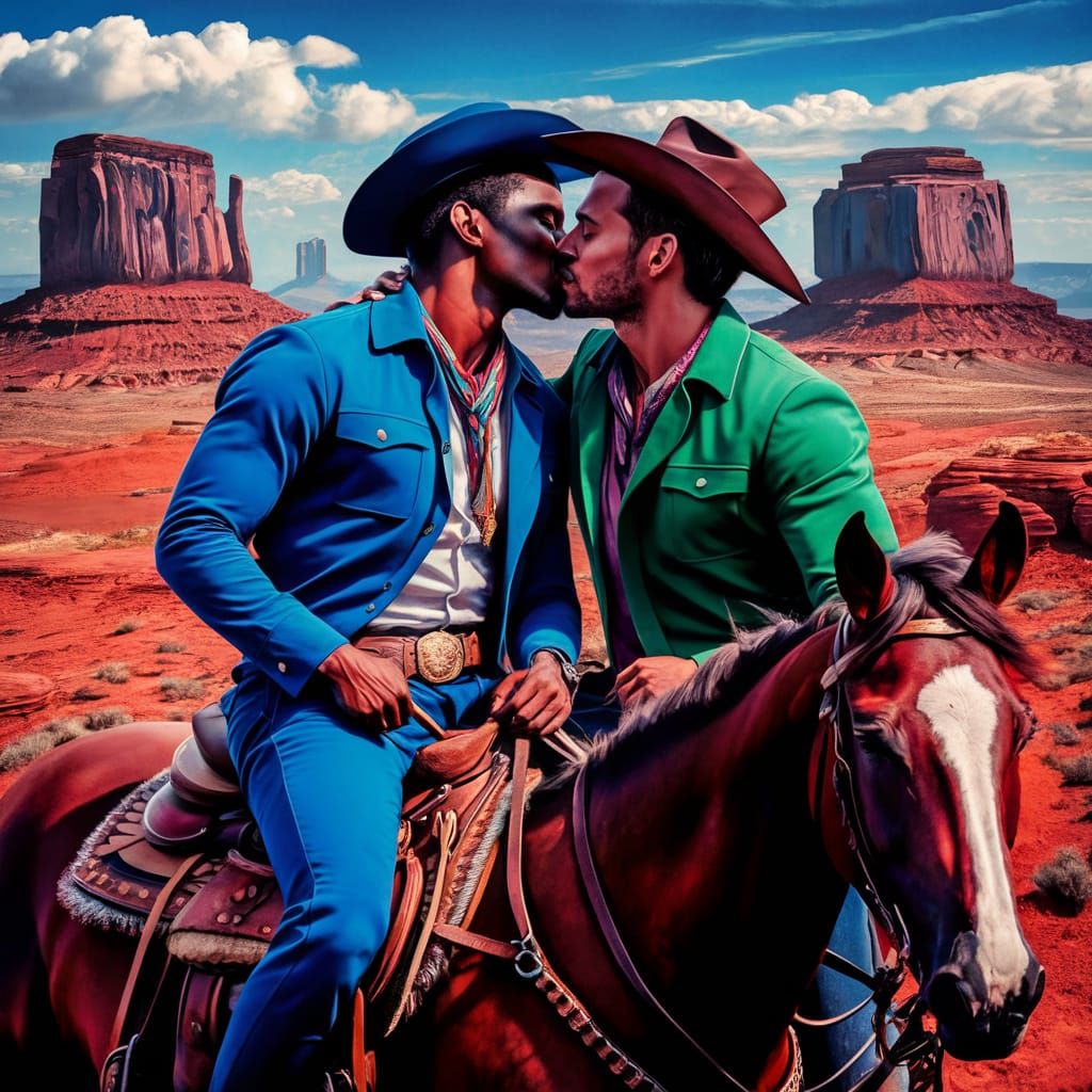 Gay Cowboy Couple Kiss in Monument Valley
