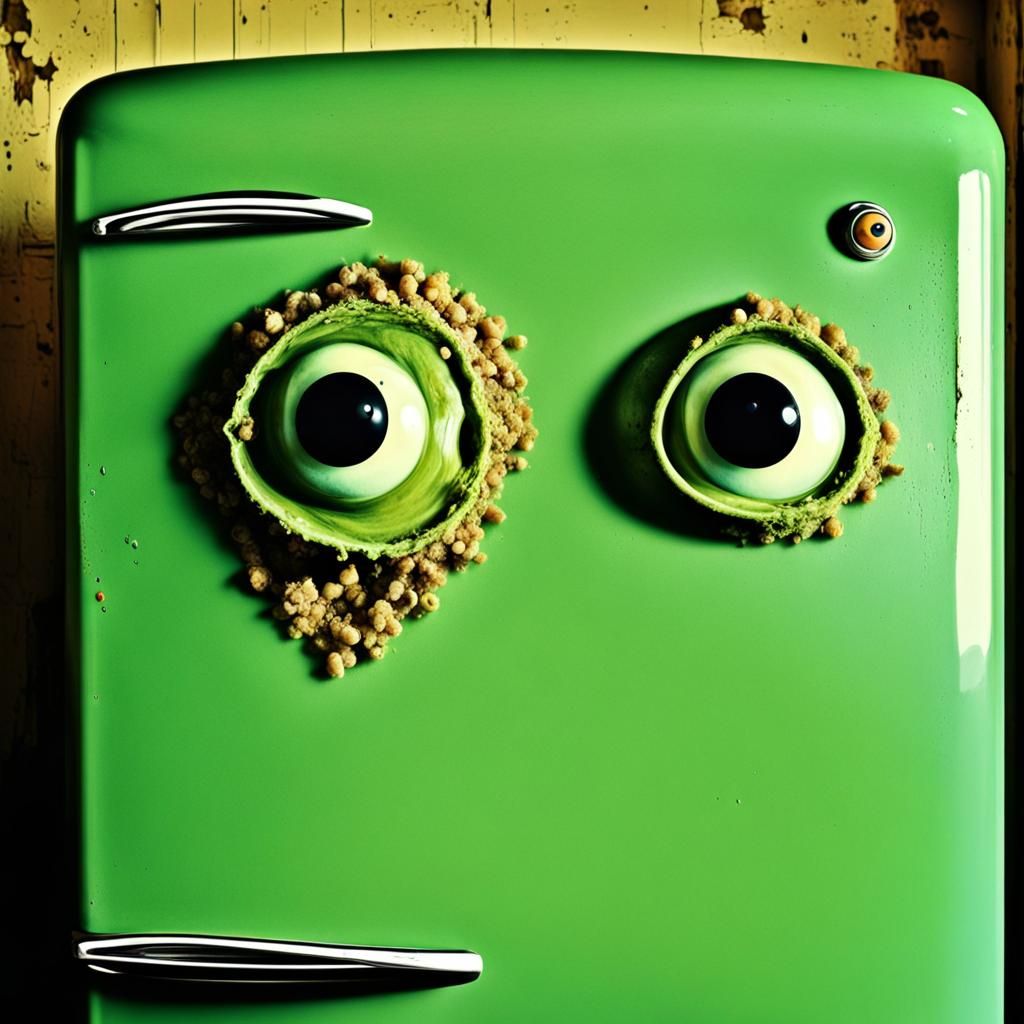 Googly Eye Green 1940s Fridge with Rotten Food