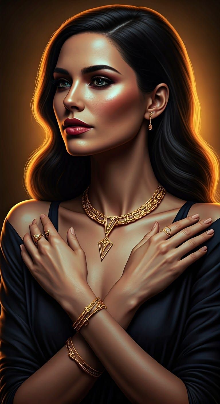 Elegant Woman in Gold Jewelry, Inspired by Concept Art