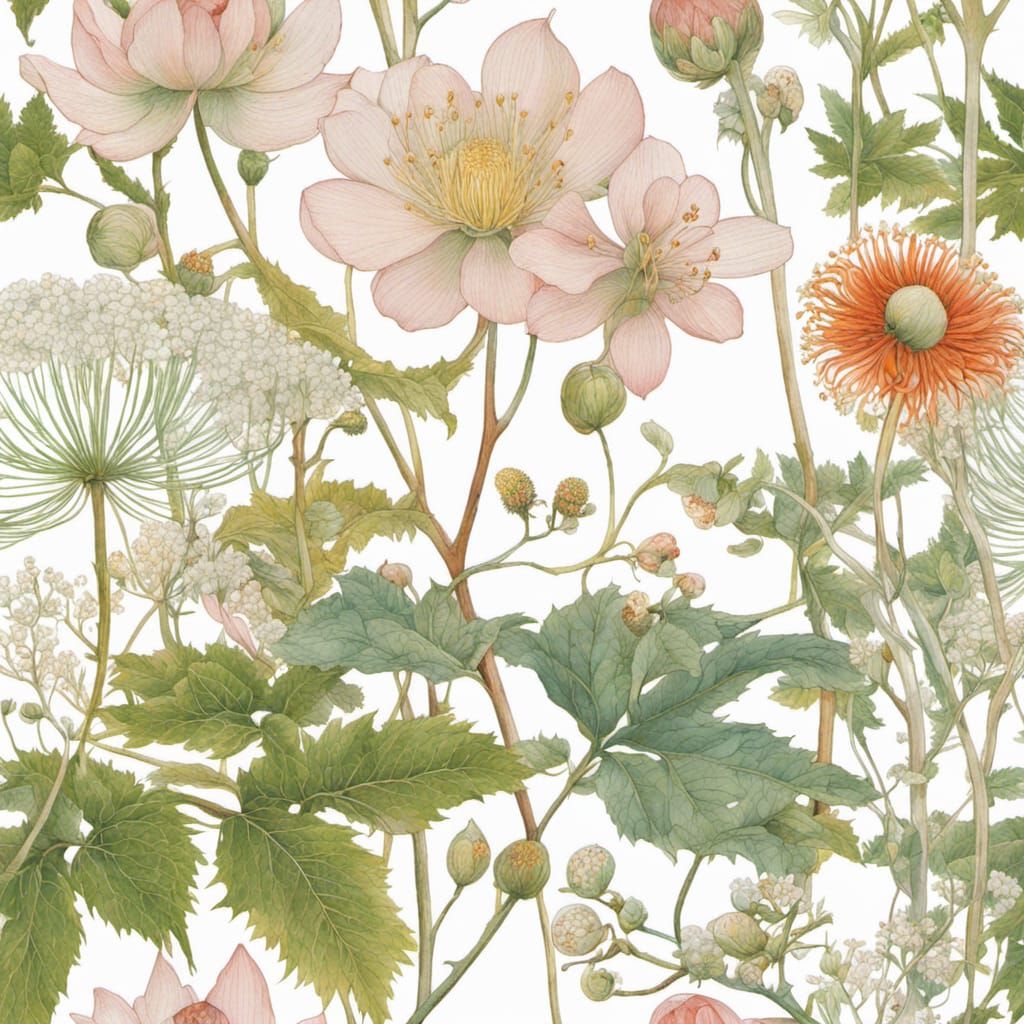 Intricate Botanical Illustration of Forest Flora and Fauna