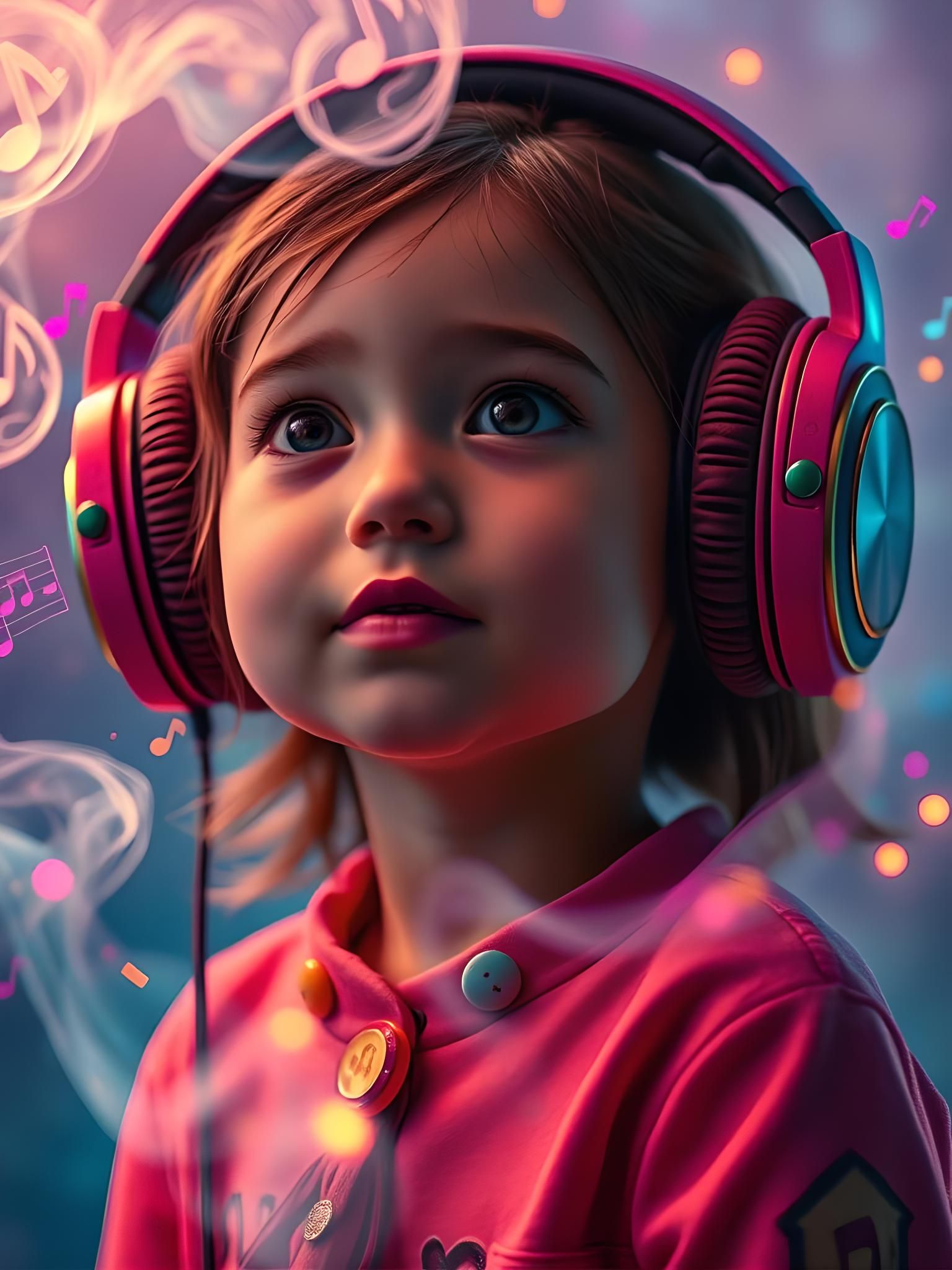 Groovy Baby Girl with Headphones in Magical Scene