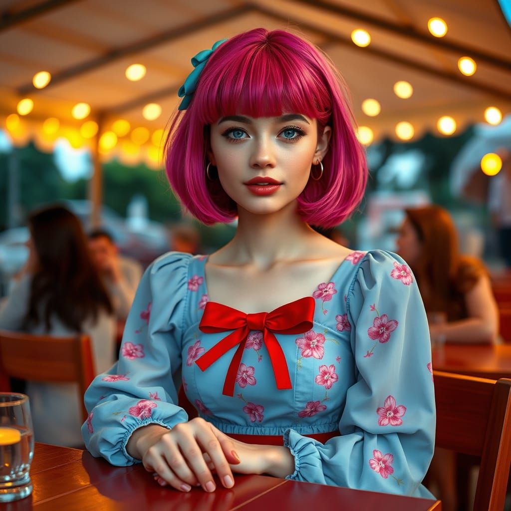 Enchanting Woman with Pink Hair, Softly Lit at an Outdoor Ca...