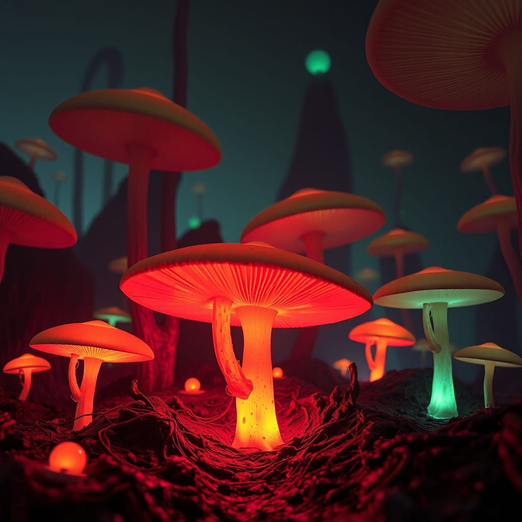 Surreal Dreamscape with Glowing Mushrooms in a Cyberpunk Aes...