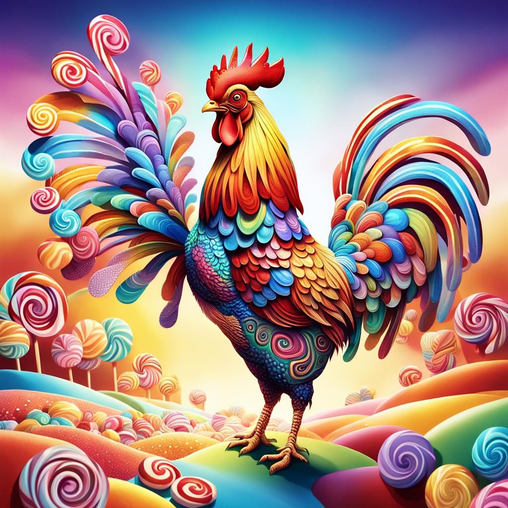 Whimsical Rooster in Candyland: Digital Art Illustration