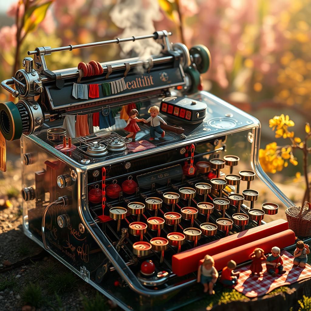 Miniature World Inside Glass Typewriter, Detailed 3D Art