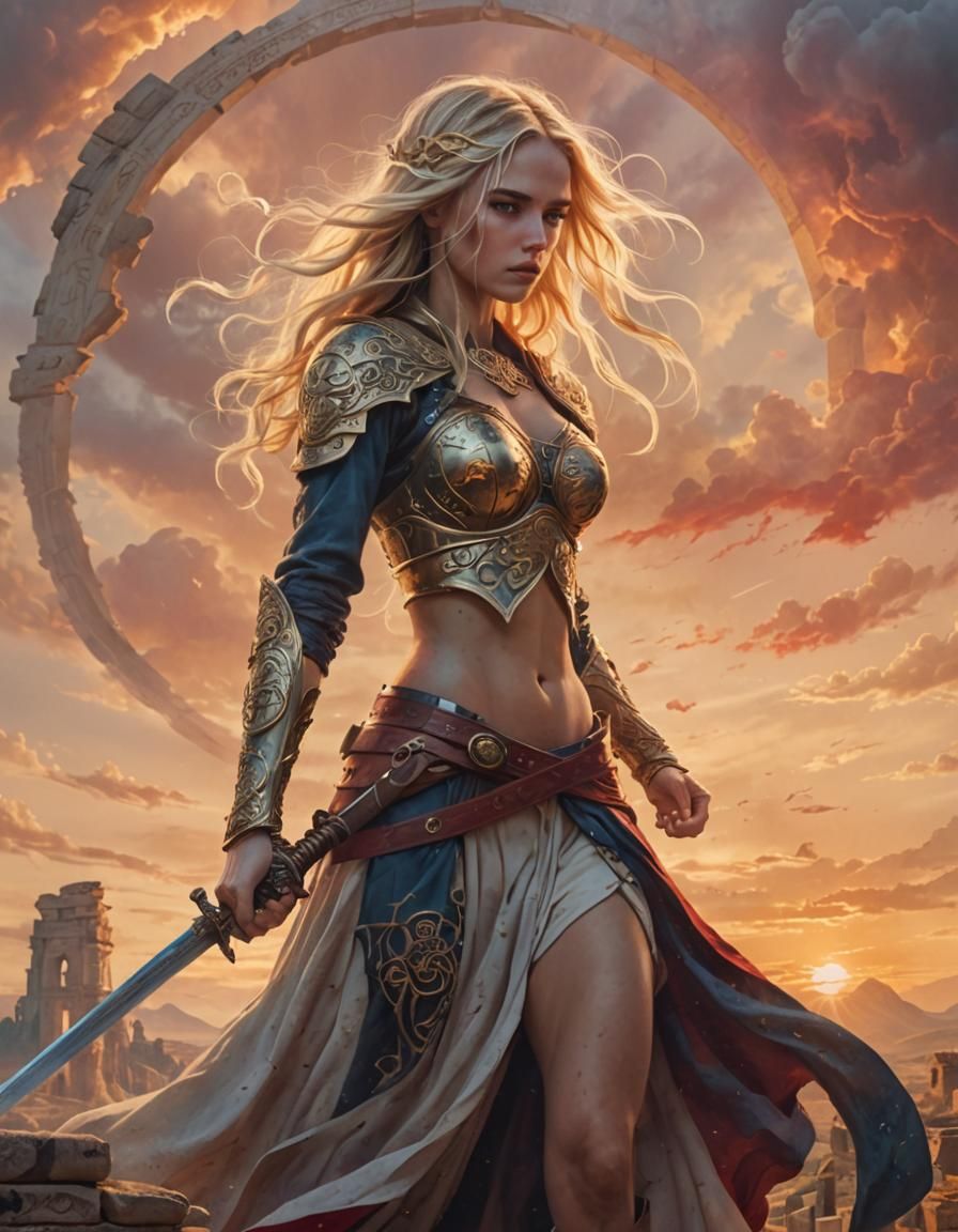 Female Figure with Sword Before Ancient Arches