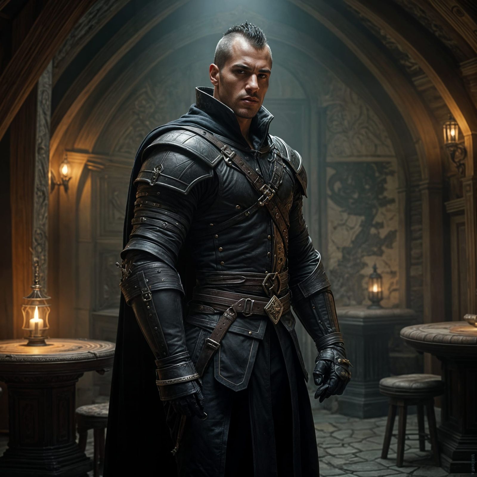 Muscular Assassin with Spectral Boar in Tavern