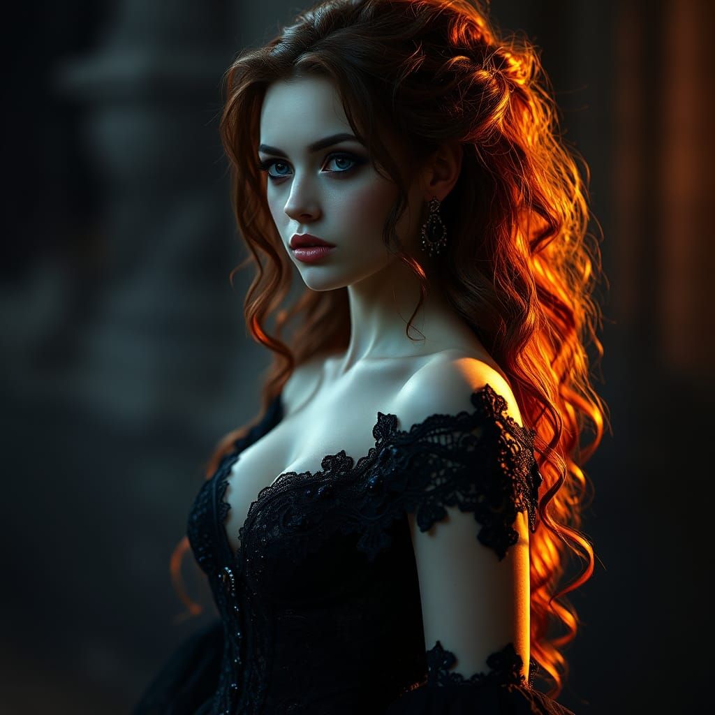 Dark Sorceress in Victorian Gown: Digital Art Portrait