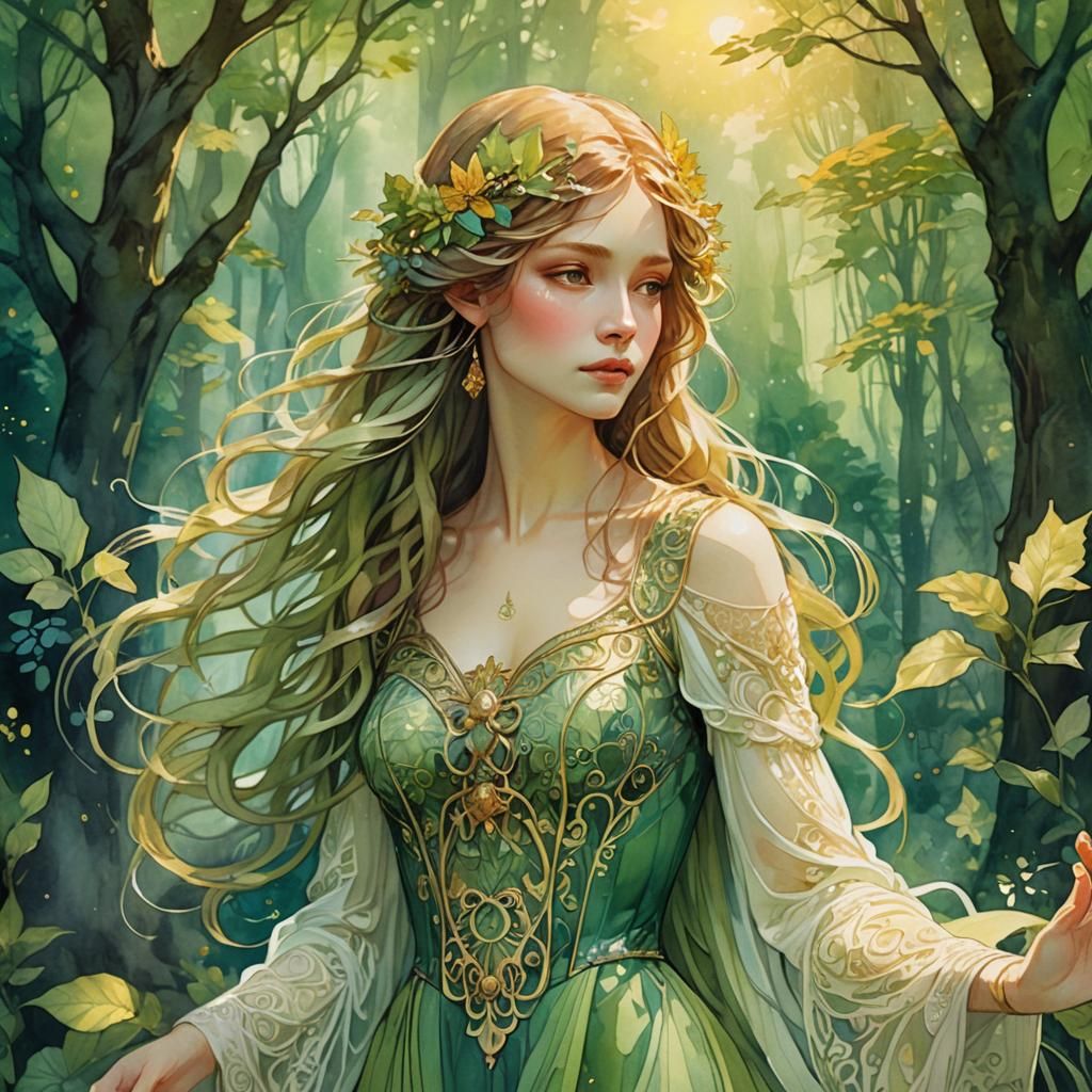 Ethereal Woman in Lush Forest, Art Nouveau Style