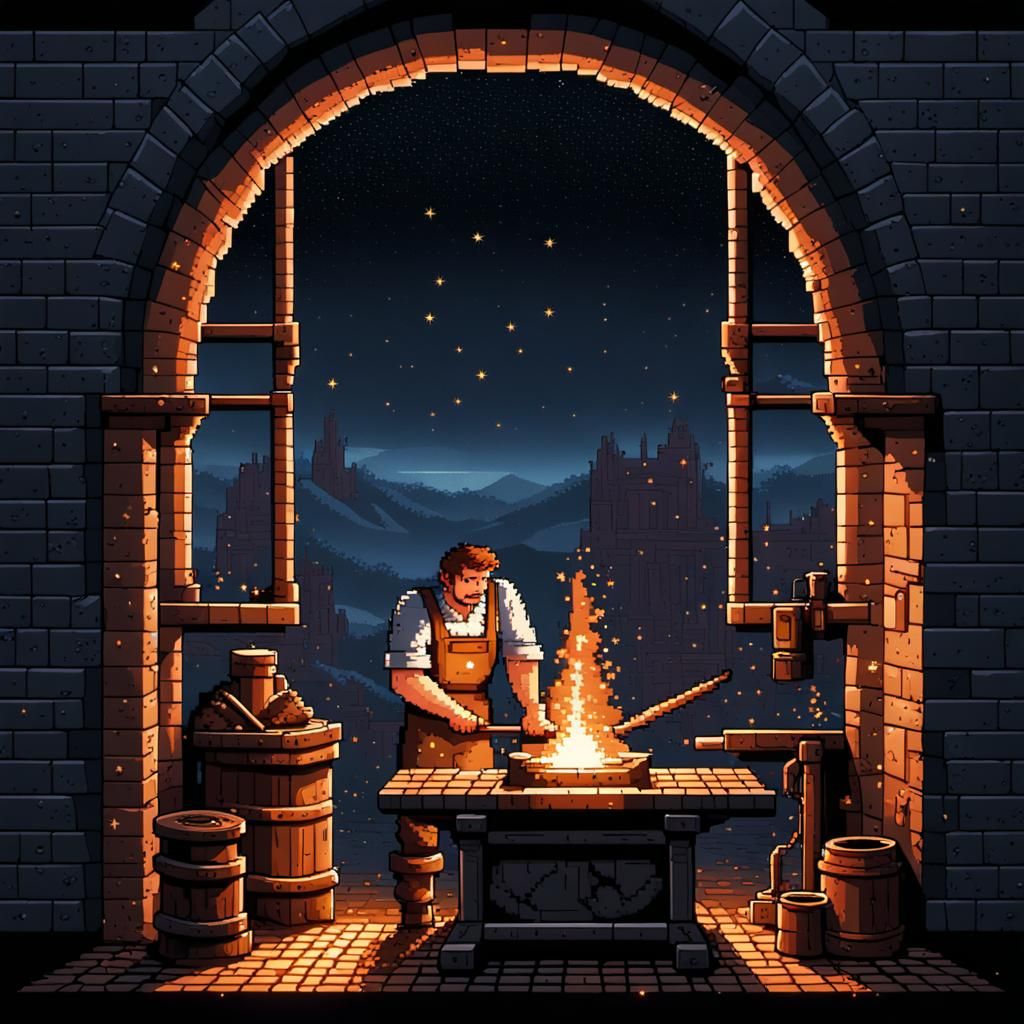 8-Bit Blacksmith at Night: Pixel Art Scene