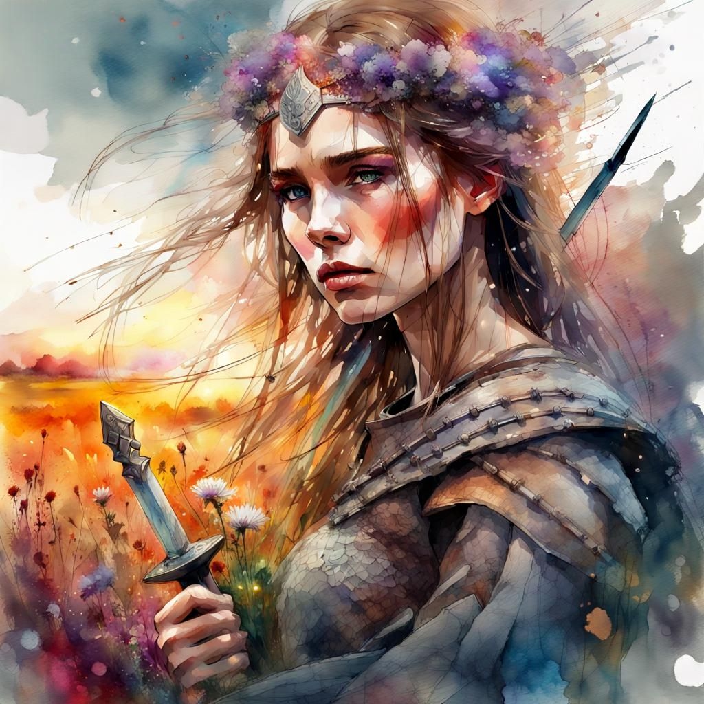 Beautiful Viking Warrior Woman in Watercolor Art