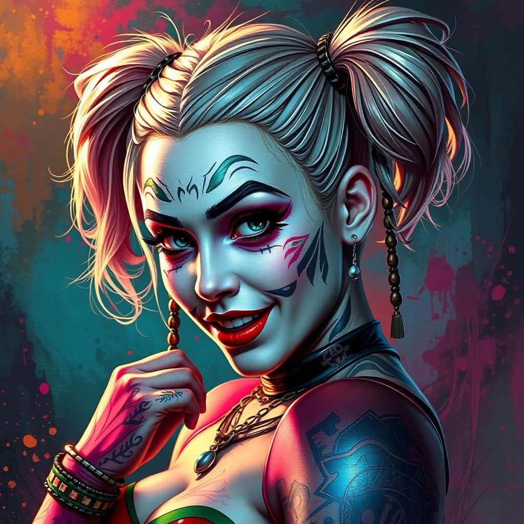 Harley Quinn Portrait with Tribal Tattoos in Splash Art Styl...