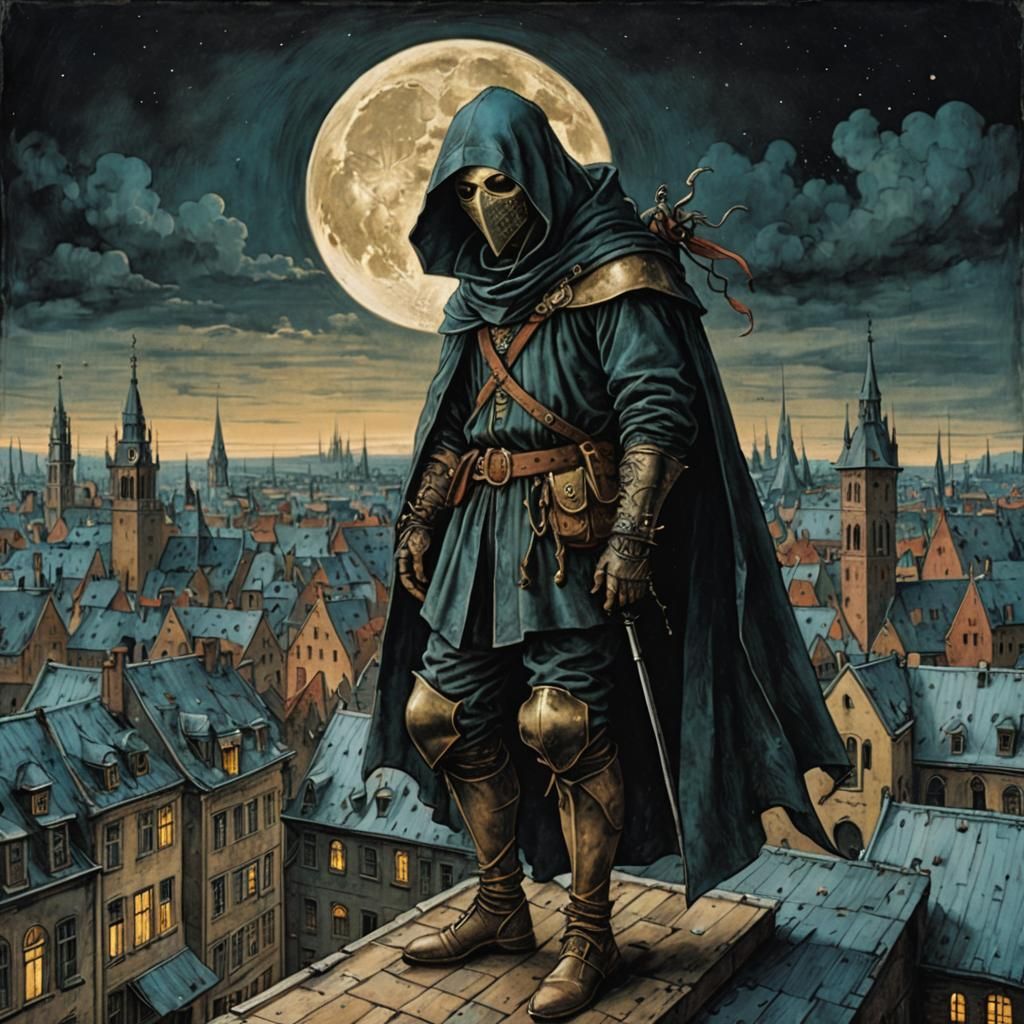 Masked Assassin on Rooftop in Surrealist Style