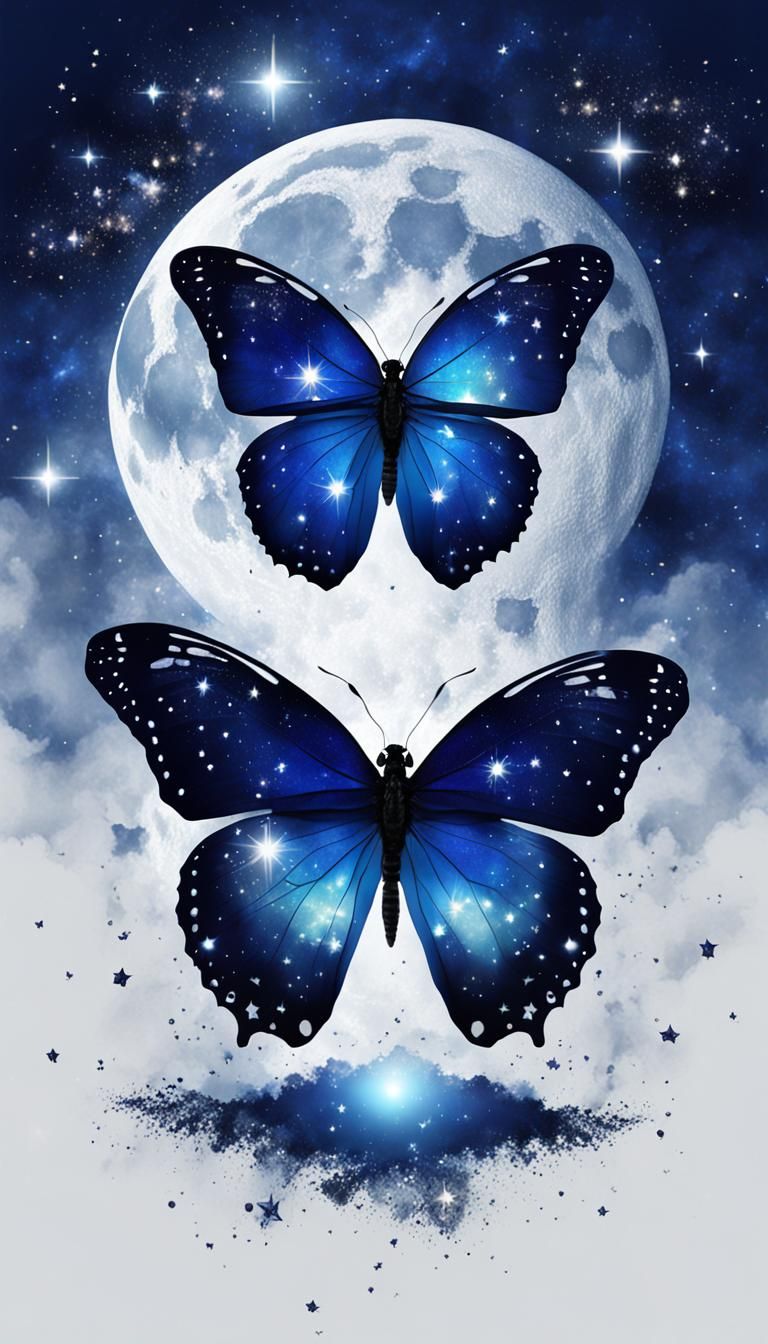 Navy Blue Butterfly in Galaxy with Moon