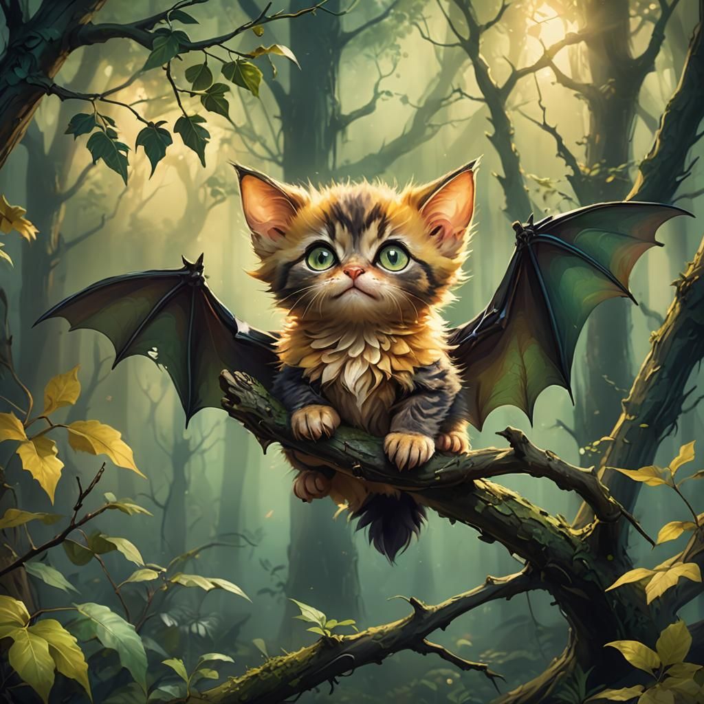 Cute Cat Bat in Mystical Forest Oil Painting