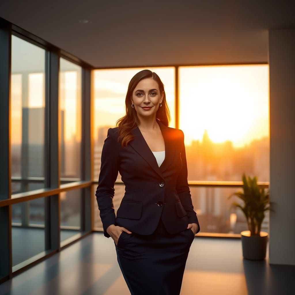 Confident Woman in Navy Office Dress in Modern Minimalist Of...