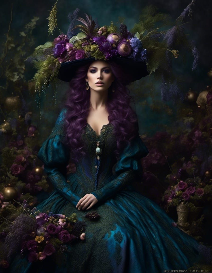 Enchanting Witch Portrait in Deep Blues and Greens