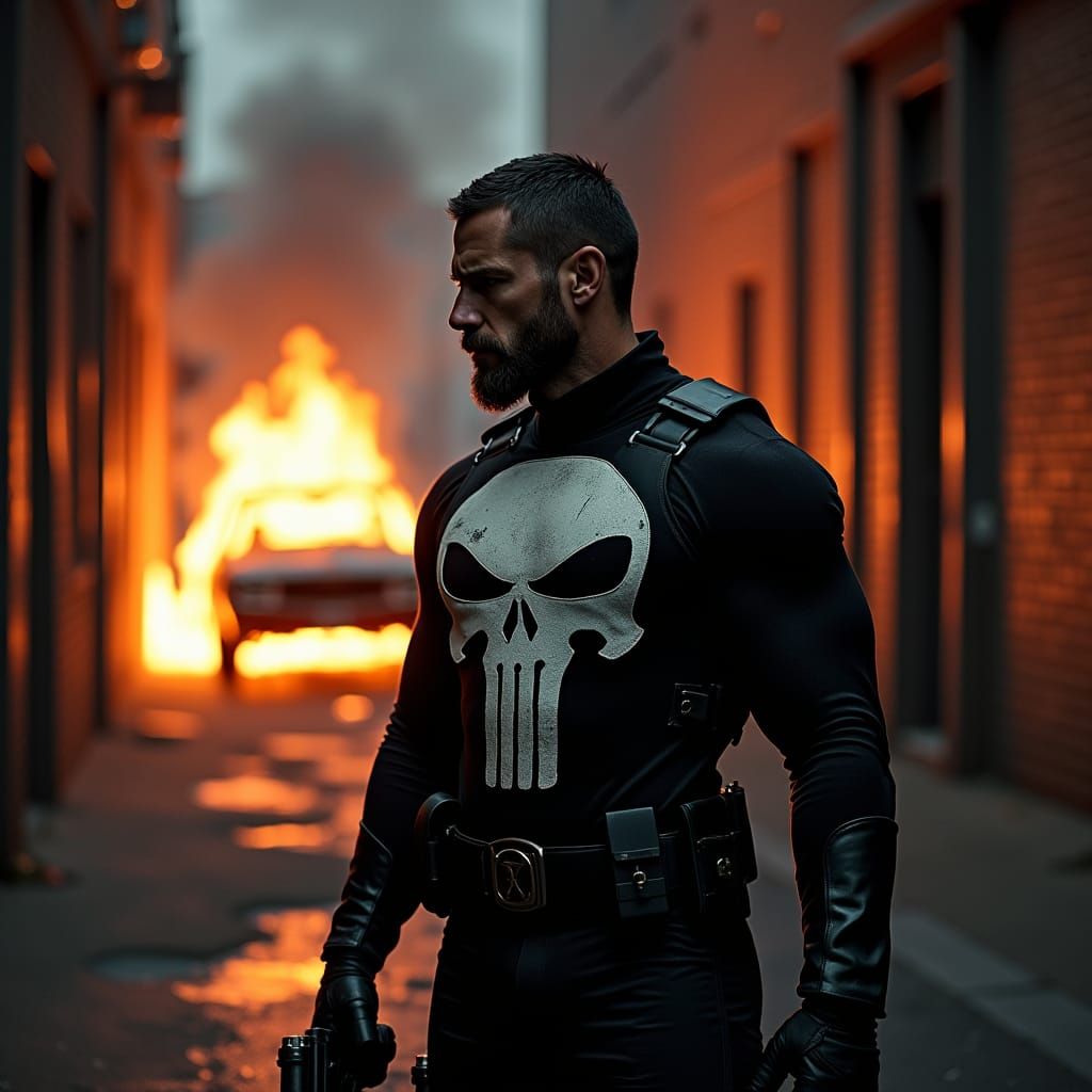 Punisher in Burning Alleyway: Noir Digital Art