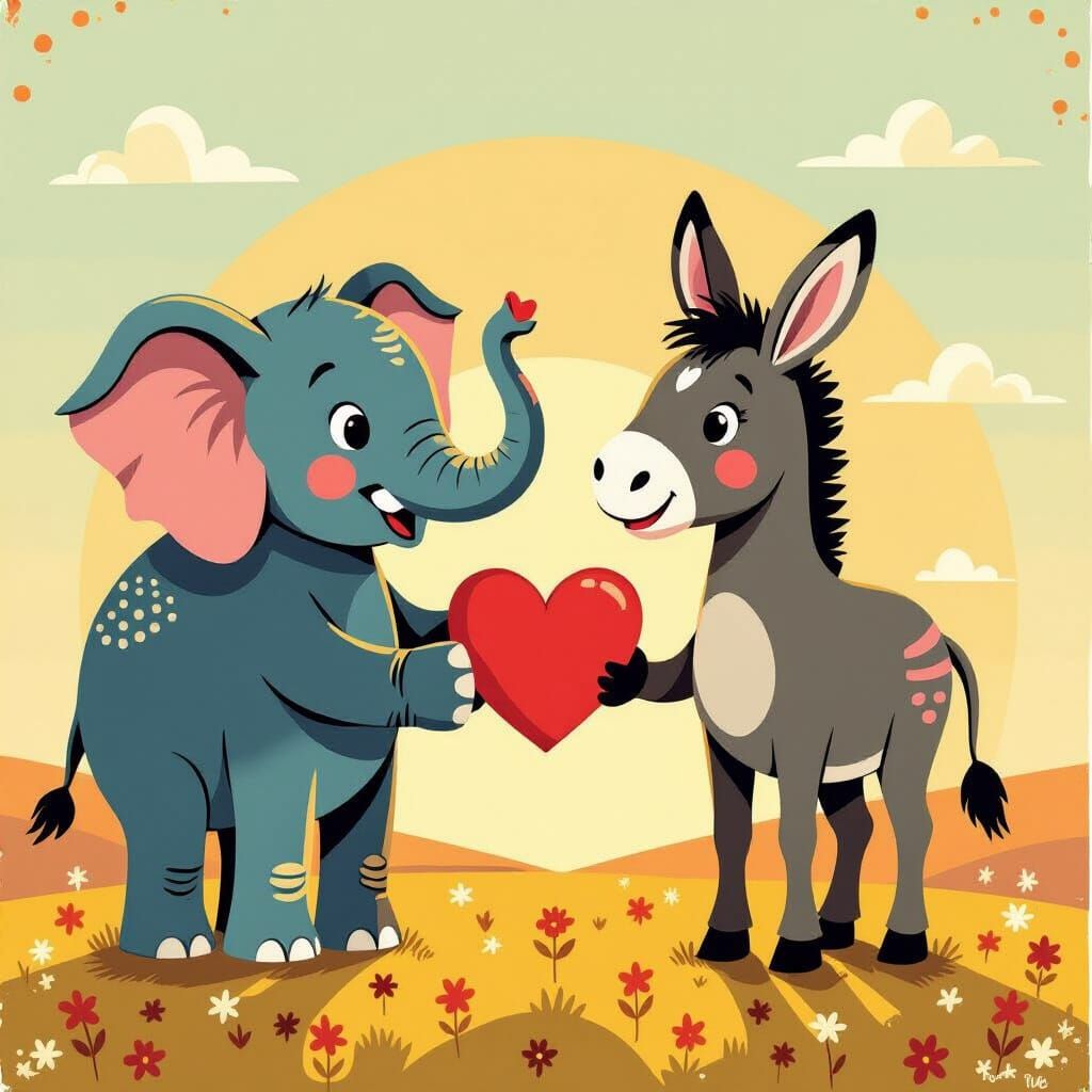Elephant and Donkey Unite with Heart in Folk Art Style