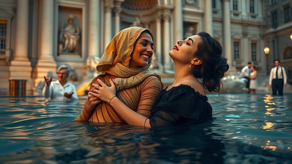 Mystical Trevi Fountain: Vampire and Mummy Embrace