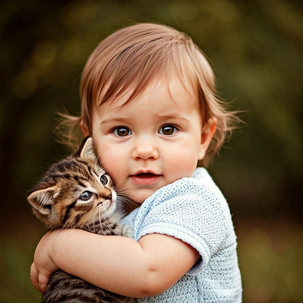 Cute Baby Snuggling Kitten in Golden Light