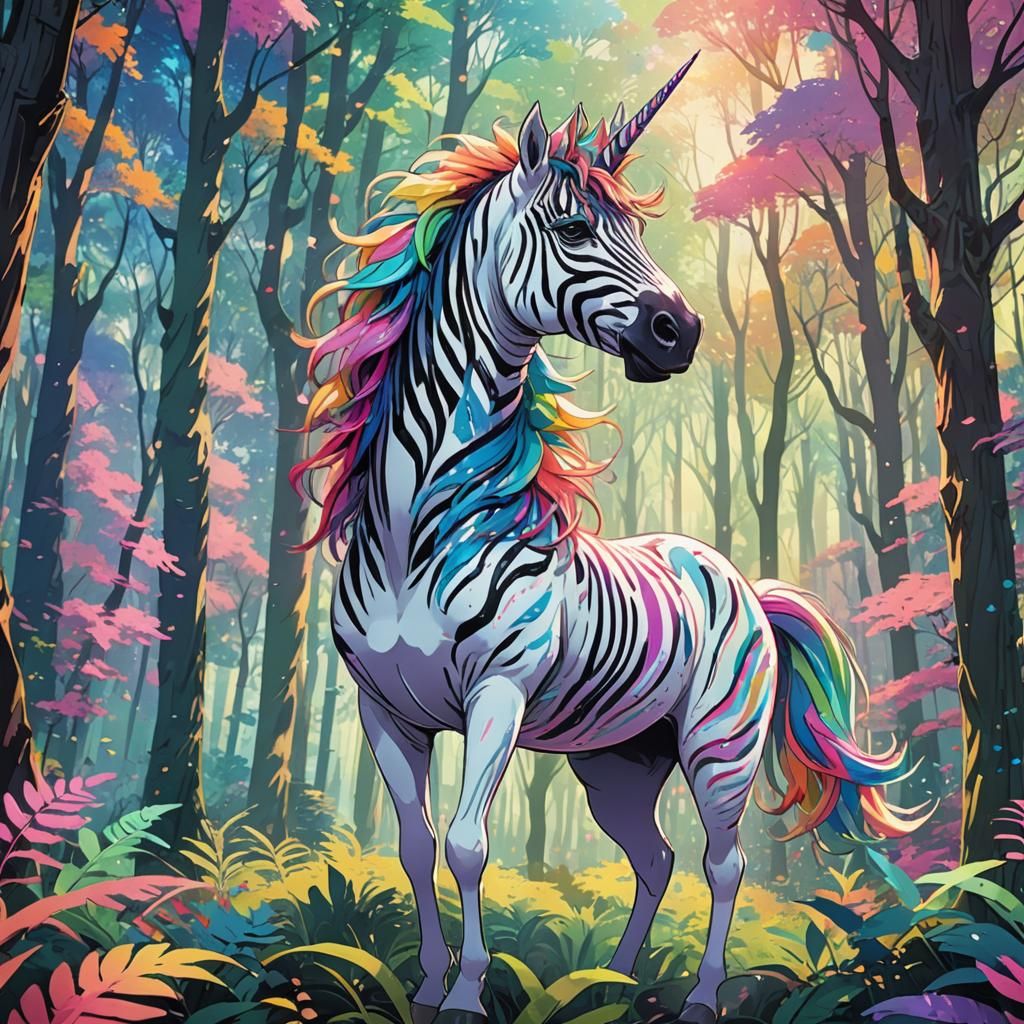 Anime Unicorn Zebra in Fantasy Forest