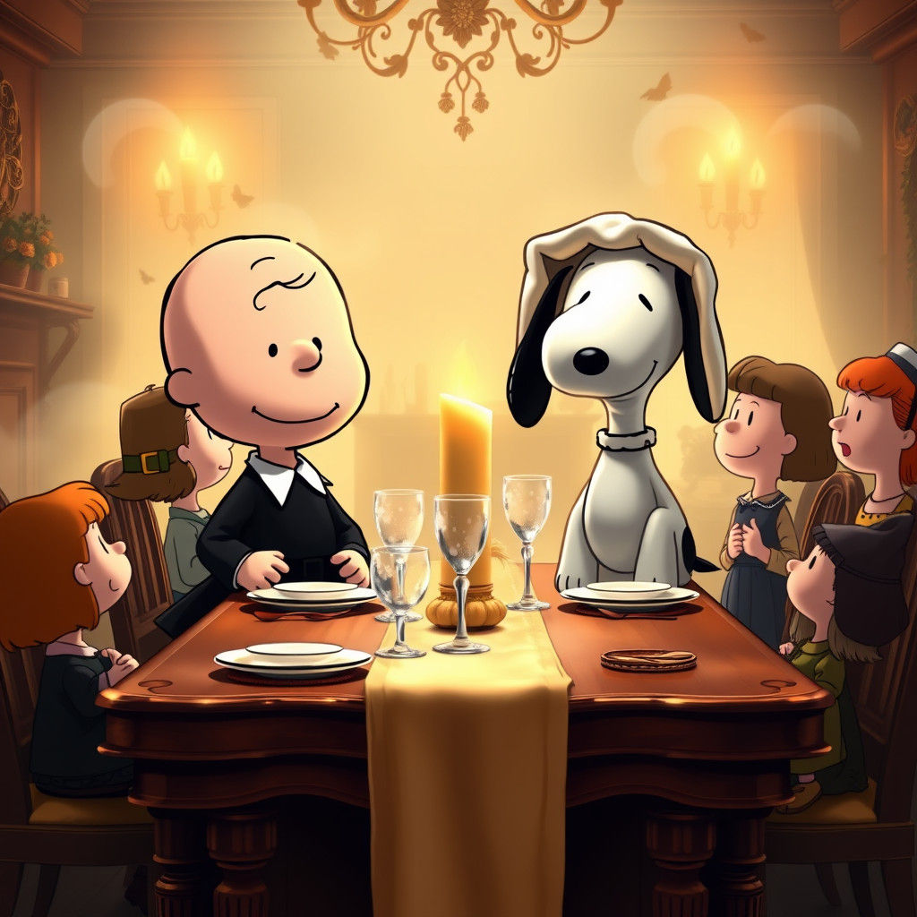 Peanuts Thanksgiving Feast in Kinkade Style