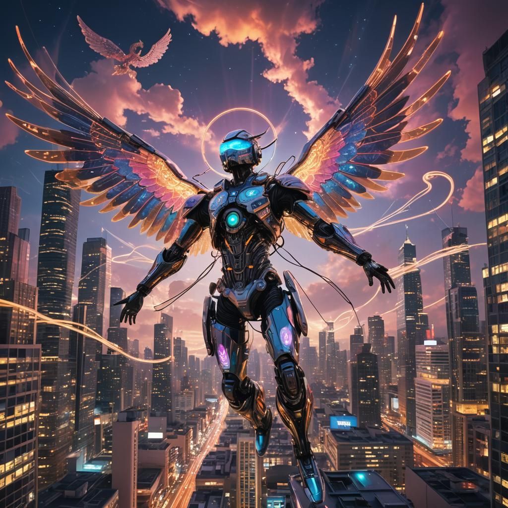 Mechanical Angel Soaring Over Neon Cityscape