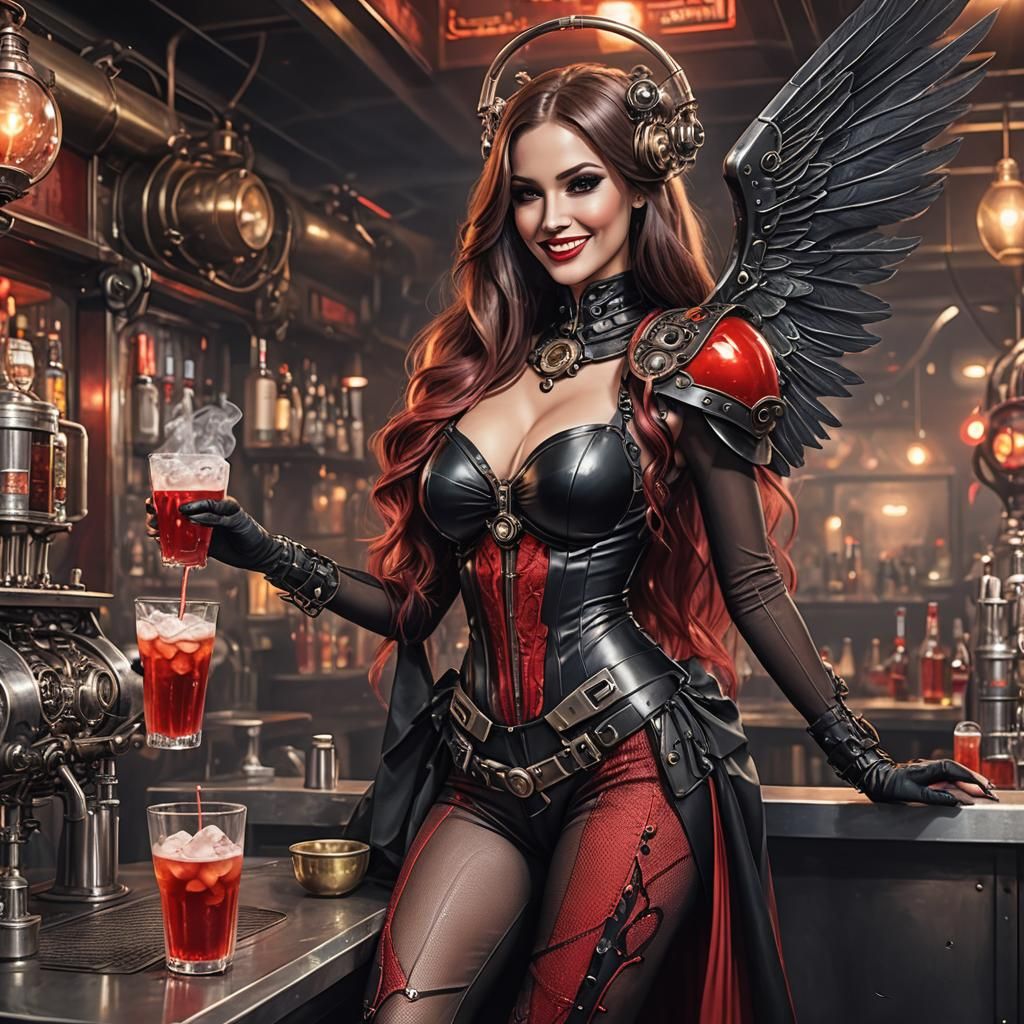Showgirl with Wings Serving Drinks in Steampunk Bar