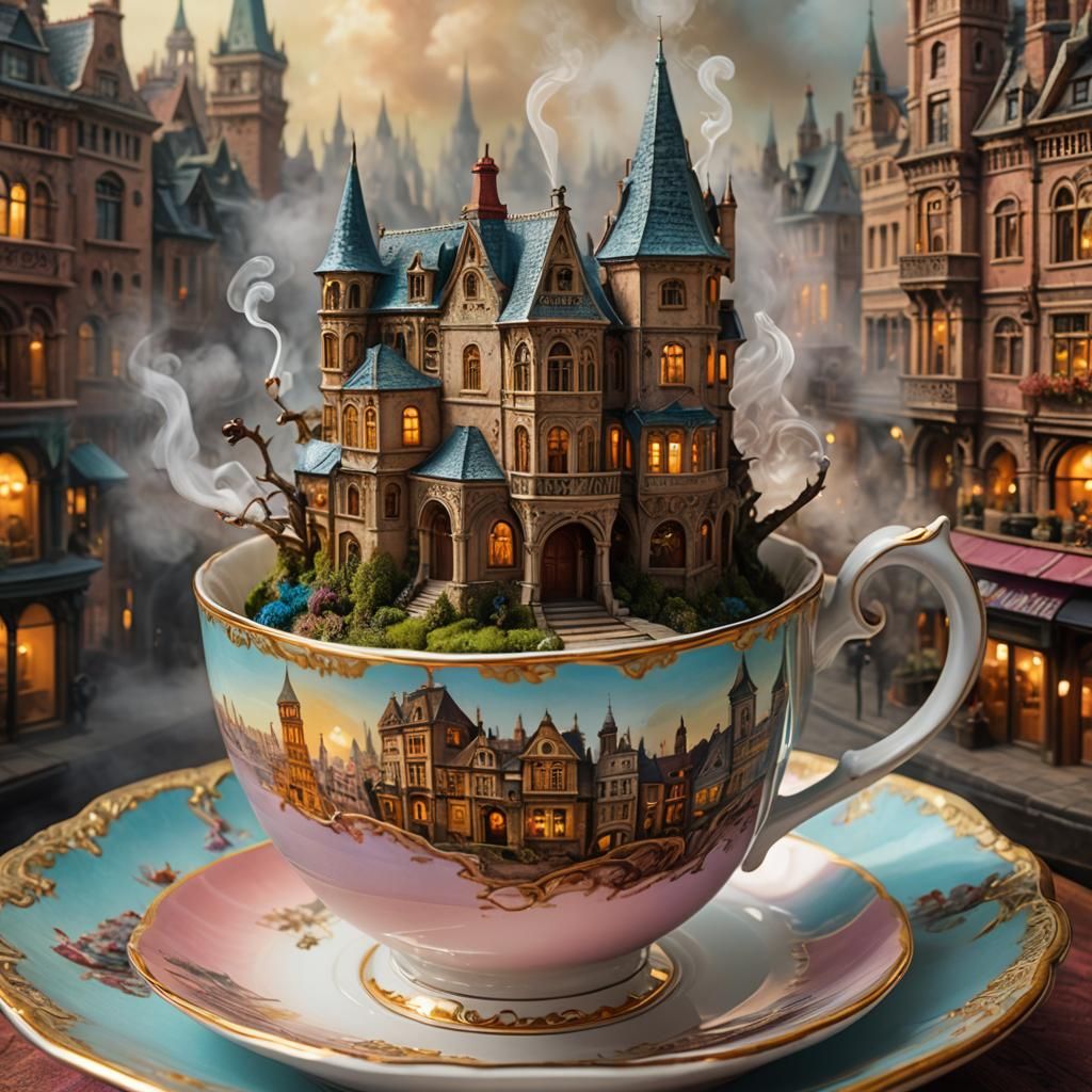Cityscape Inside Teacup in Trompe L'oeil Style