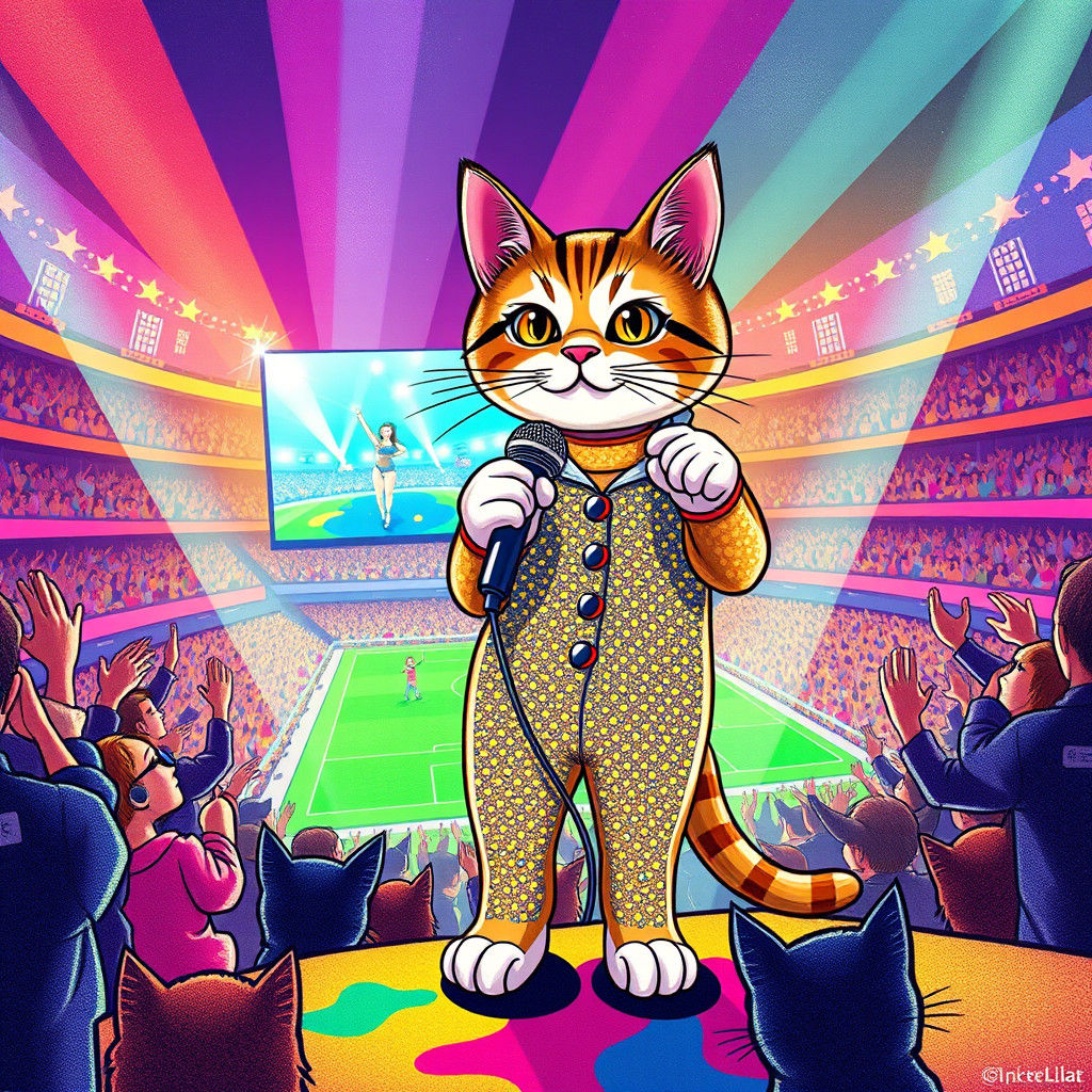 Cat Pop Star Concert in Playful Surrealism Style