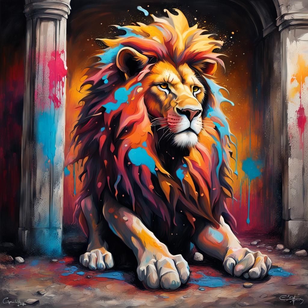 Lion in Castle: Graffiti Art Style