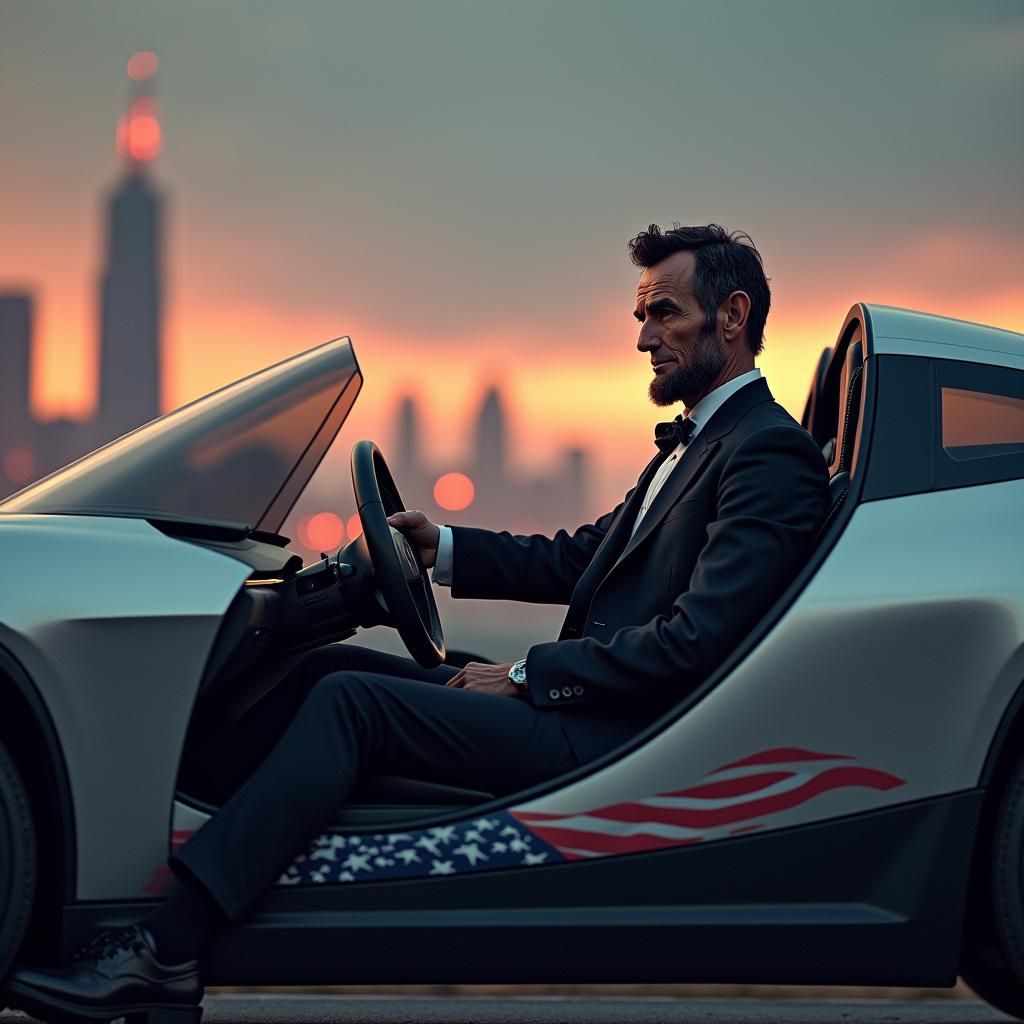 Lincoln in Cybertruck: Futuristic Sepia-Toned Portrait