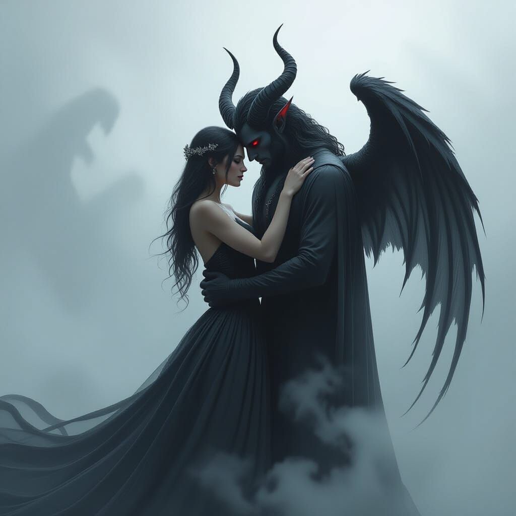 Woman Embracing Demon in Eerie Mist, Digital Art