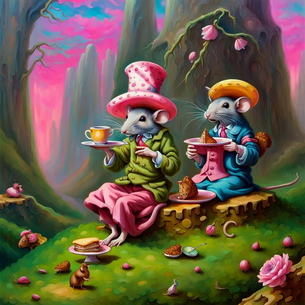 Mice Tea Party on Toadstool in Dreamcore Style