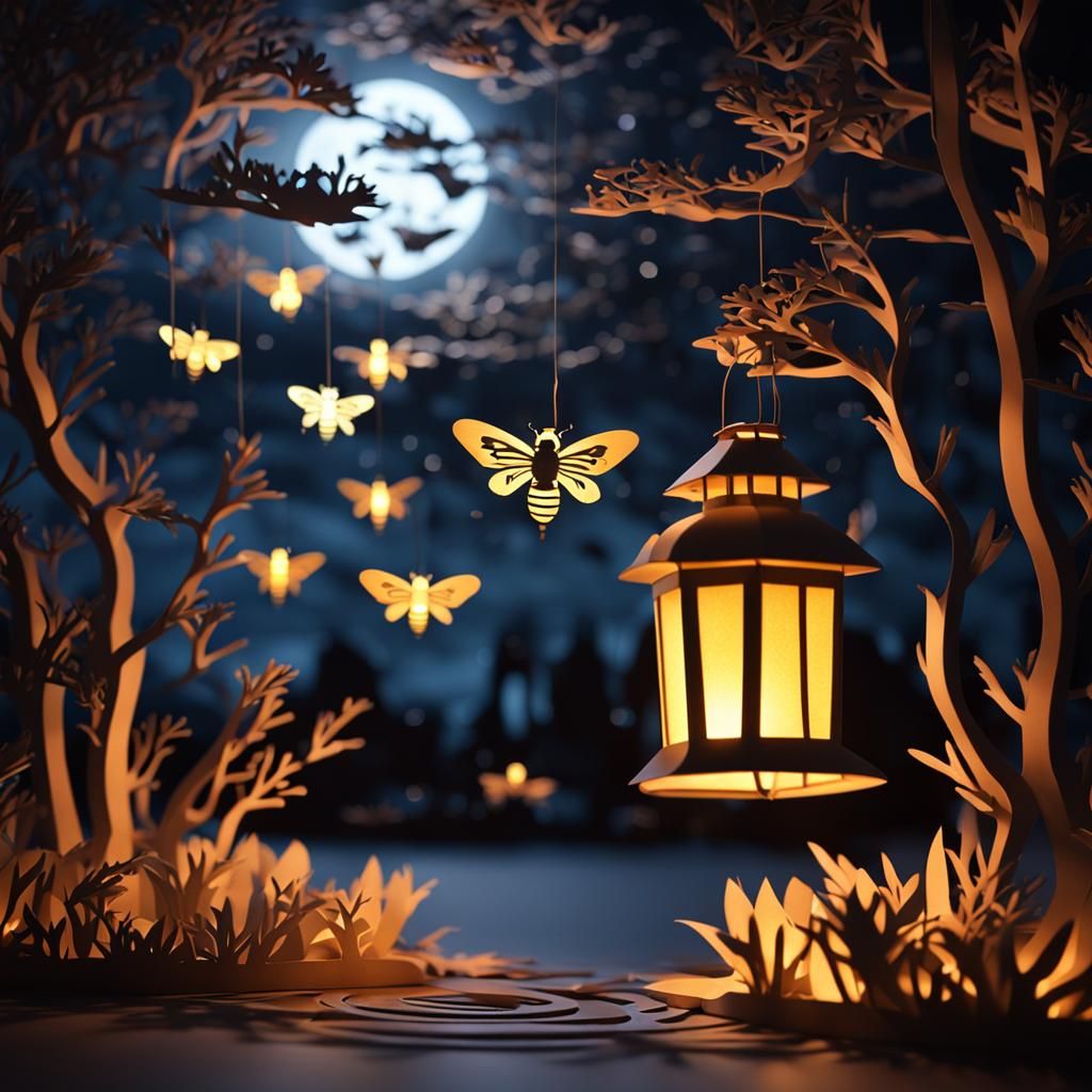 Fireflies Dance Around Lantern in Kirigami Style