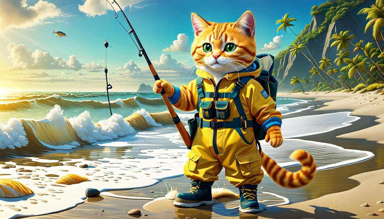 Yellow Cat Fishing on the Beach: 8K Concept Art