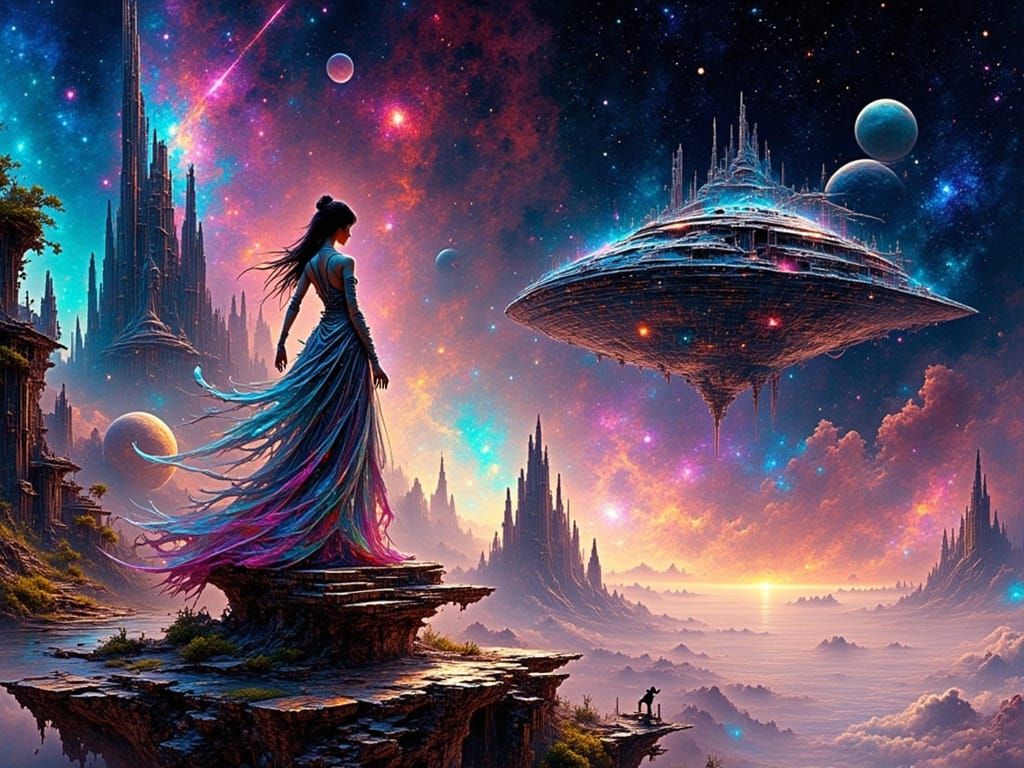 Shimmering Alien Woman on Floating Rock in Space