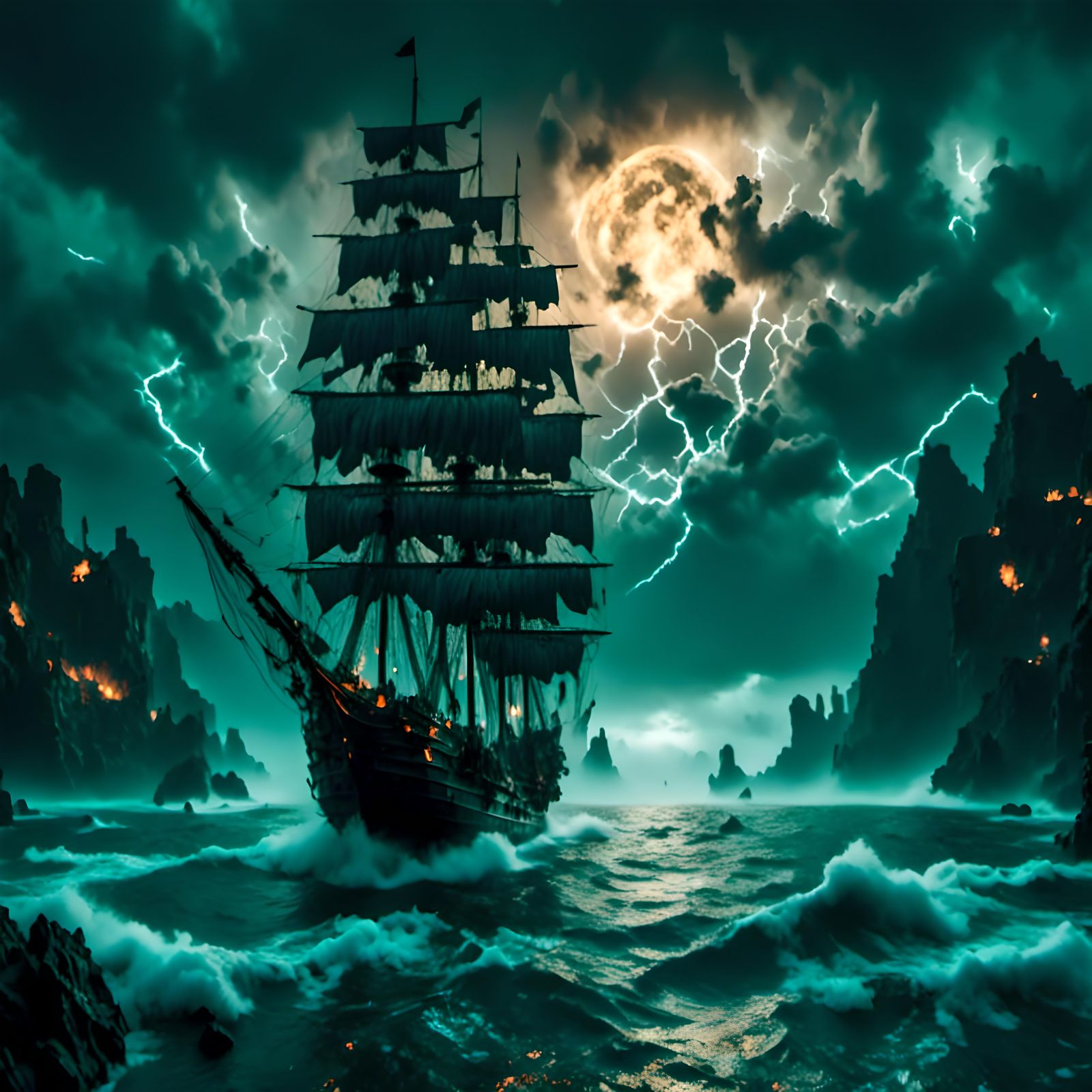 Ship Sails Past Stormy Island: Detailed Matte Painting